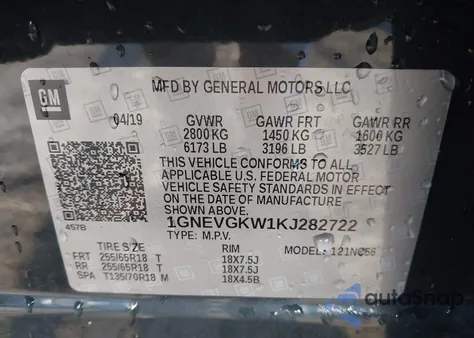 2019 Chevrolet Traverse 1Lt z USA, uszkodzony, nr VIN 1GNEVGKW1KJ282722